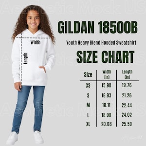 May include: A white hooded sweatshirt size chart for the Gildan 18500B Youth Heavy Blend model. The chart displays width and length measurements in inches for sizes XS through XL, ranging from 15.98 to 20.08 inches in width and 19.76 to 25.59 inches in length.