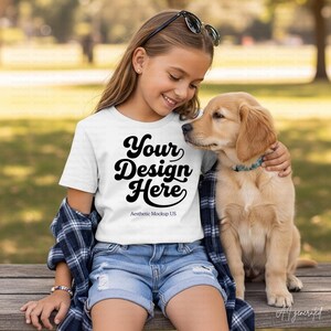Bella Canvas 3001Y Mockup White | Youth T-Shirt Mockup | Girl & Puppy Pet Lover Dog Owner| Kids Tee POD Stock Photo teen Shirt mock up