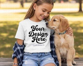 Bella Canvas 3001Y Mockup Wit | Mockup T-shirt voor jongeren | Meisje & Puppy Huisdierliefhebber Hondeneigenaar | Kinder T-shirt POD Stockfoto tiener T-shirt mockup