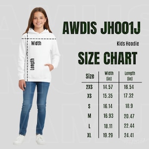 May include: A white kids hoodie with a front pocket and long sleeves, displayed alongside a size chart labeled AWDIS JH001J. The chart lists sizes 2XS through XL with corresponding width and length measurements in inches for this garment.