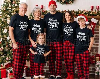 Black Bella Canvas 3001 Christmas Shirt Mockup Family Matching T-shirt Pajamas Holiday Tee Mom Dad Girl  Boy Grandma Grandpa Lifestyle Mock