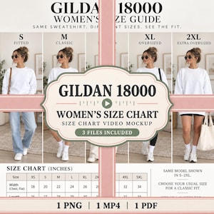 May include: A Gildan 18000 size guide featuring a size chart with width and length measurements in inches. The graphic displays four images of a person wearing a white sweatshirt in sizes S, M, XL, and 2XL, labelled as fitted, classic, oversized, and extra oversized.