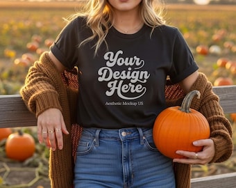 Black Bella Canvas 3001 Mockup | Fall T-Shirt Mockup | Pumpkin Halloween Thanksgiving Shirt Mock Up  Lifestyle Trendy Fall Aesthetic Mocks
