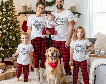 Gildan 5000 vit t-shirt familj julmockup | Semestermockup | Julgruppmockup | Pojke-flicka-tröjamockup PNG