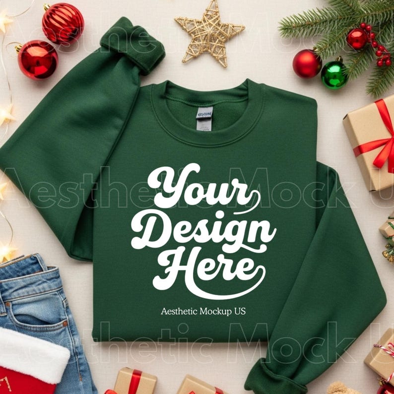 May include: A dark green sweatshirt with the text "Your Design Here" in white script. The sweatshirt is surrounded by Christmas decorations, including ornaments, a star, and wrapped gifts. The text "Aesthetic Mockup US" is also visible.