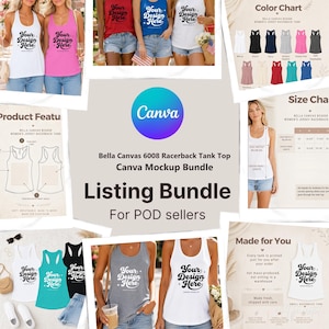 Può includere: Un pacchetto di mockup digitali per canotte racerback Bella Canvas 6008, che include diverse immagini di canotte in vari colori con il testo Your Design Here, una tabella dei colori, una tabella delle taglie e diagrammi delle caratteristiche.