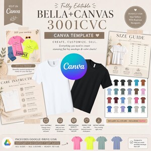 May include: A digital Canva template for Bella+Canvas 3001CVC t-shirts, featuring a white and a black t-shirt, a size guide, care instructions, and a color chart. The layout includes text labels, icons, and various t-shirt color swatches for design.