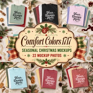 May include: A collection of folded t-shirts in various colors including sage green, black, light pink, light blue, and red, each featuring the text Your Design Here, arranged in a grid with Christmas-themed decorations and a central label.