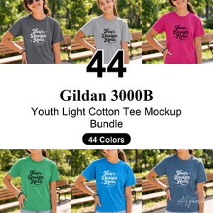 Paquete de maquetas Gildan 3000B / Camiseta para niña / Estilo de vida minimalista / Descarga digital PNG para niños (POD)