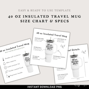 May include: A digital template for a 40 oz insulated travel mug featuring product specifications, care instructions, and a visual size chart with dimensions of 9.84 inches by 5.79 inches. The text includes details on stainless steel, double-wall insulation, leak-proof lids, and ergonomic handles for this white mug.