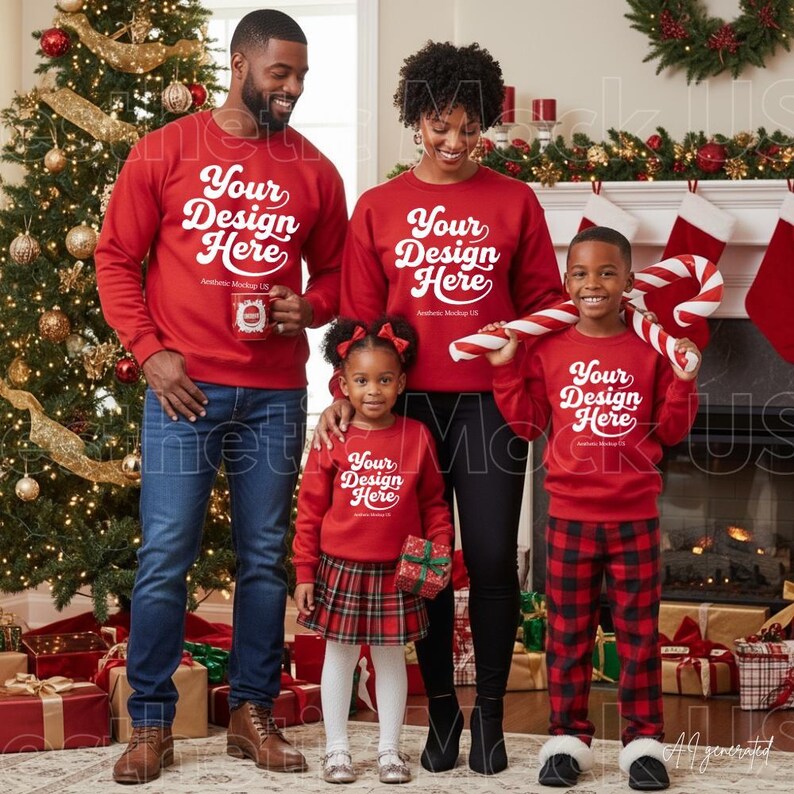 Red Gildan 18000 African American Family Matching Sweatshirt |G18000 Christmas Photo Mockup |Holiday Xmas Parents Kids Crewneck Mock-up image 1