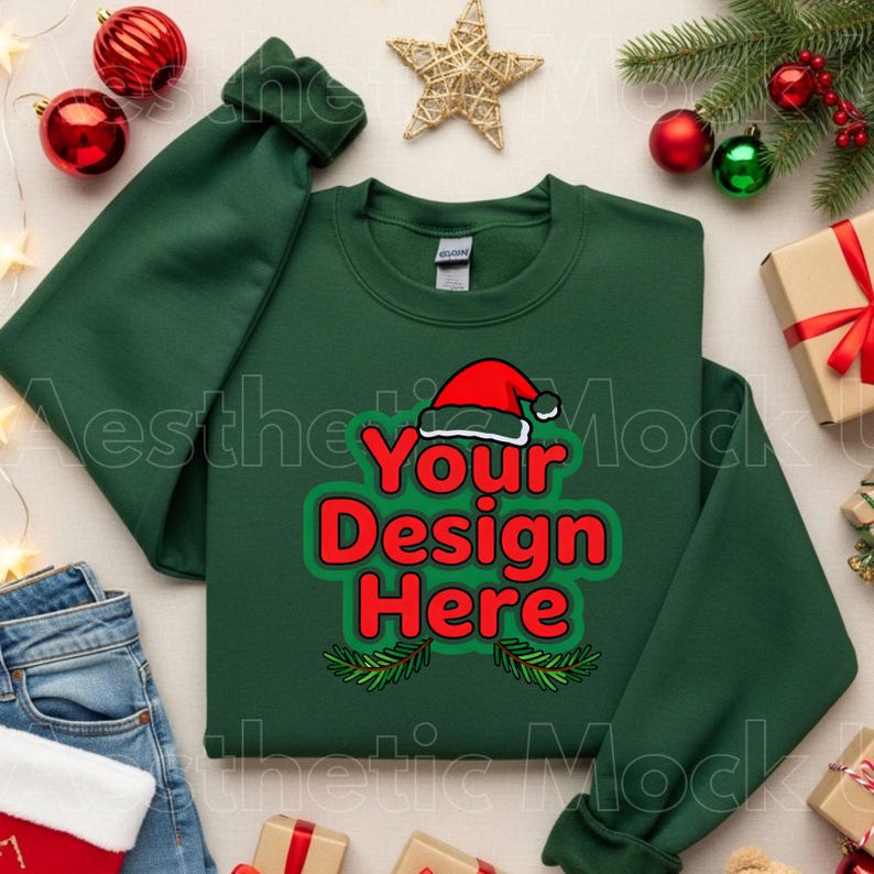 May include: A dark green sweatshirt with the text "Your Design Here" in red and green, topped with a Santa hat graphic. The sweatshirt is surrounded by Christmas ornaments, a star, and wrapped gifts.
