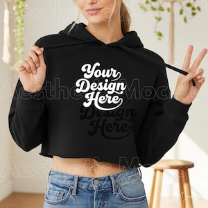 7502 Black Bella Canvas Mockup| Cropped Hoodie Mockup| Cropped Top Mock-up| BC 7502 Printify POD lifestyle Mockup PNG