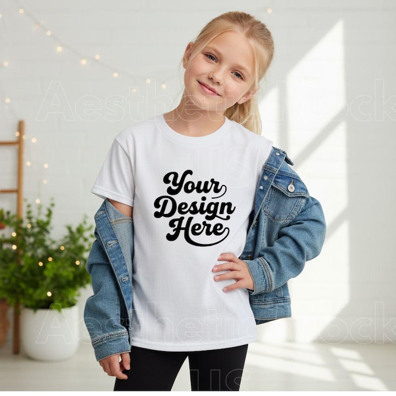 K&ouml;nnte beinhalten: Ein wei&szlig;es T-Shirt mit dem Text "Your Design Here" in schwarzer, kursiver Schrift. Das Shirt wird mit einer Jeansjacke getragen. Das Model ist ein junges M&auml;dchen mit blonden Haaren.
