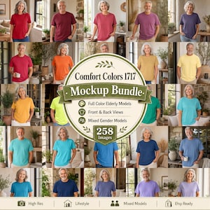 Może przedstawiać: Pakiet mockup z koszulkami Comfort Colors 1717 w różnych kolorach, modelowanych przez osoby starsze. Obraz przedstawia widoki z przodu i z tyłu, z modelami mieszanymi. Pakiet zawiera 258 zdjęć, wysokiej rozdzielczości, lifestyle i gotowe do Etsy.