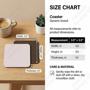 Pode incluir: Tábua quadrada, com 8,9 cm de largura e altura, com uma espessura de 0,25 cm. Uma é rosa claro, a outra é castanho escuro. A imagem inclui uma tabela de tamanhos e instruções de cuidados.