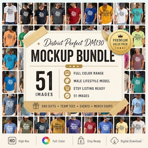 Könnte beinhalten: Ein digitales Mockup-Paket mit 51 Bildern von T-Shirts in verschiedenen Farben, die von Modellen getragen werden. Der zentrale Text lautet District Perfect DM130 MOCKUP BUNDLE, 51 IMAGES, FULL COLOR RANGE, MALE LIFESTYLE MODEL, ETSY LISTING READY.