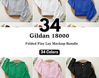 Gildan 18000 Sweatshirt Mockup Bündel | Flach liegend gefaltete Rundhals-Ärmel Mockups für Etsy, Printify POD Verkäufer