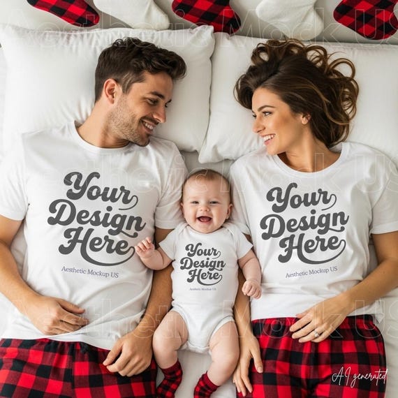 Family Christmas Mockup | Bella Canvas 3001 BC3001 White | Rabbit Skins 4424 Baby Bodysuit | Mom Dad Family Holiday Matching Shirt Mockup