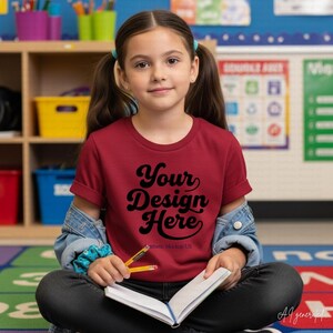 以下が含まれることがあります： 黒い文字でYour Design Here、小さな文字でAesthetic Mockup USとプリントされたマルーンカラーの半袖Tシャツ。ライトブルーのデニムジャケット、ダークカラーのパンツ、ティールカラーの柄入りシュシュを身につけ、開いたノートを手に持っている。