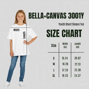 以下が含まれることがあります： Bella+Canvas 3001Yユース半袖Tシャツのサイズチャート。白いTシャツに幅と丈の測定線が引かれています。チャートにはS、M、L、XLのサイズと、インチ単位の幅と丈の測定値が記載されています。