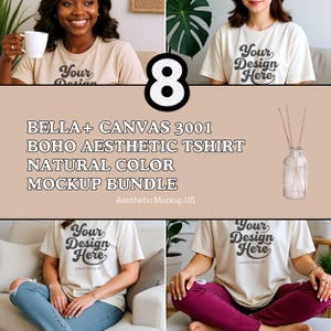 8 Cozy Boho Bella Canvas 3001 Natural T-Shirt Mockups | Female Model Bundle for BC 3001| Trendy Boho Aesthetic Shirt Mockup Bundle