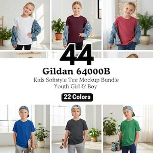 Könnte beinhalten: Ein Mockup-Bundle von Gildan 64000B Kids Softstyle T-Shirts in verschiedenen Farben. Das Bild zeigt Kinder, die T-Shirts in Weiß, Burgunderrot und Rot tragen. Der Text auf dem Bild lautet "22 Farben".