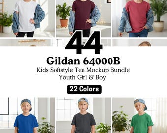 Pacchetto di mockup per t-shirt per bambini Gildan 64000B / Mockup di magliette per ragazzi e ragazze in formato PNG / Mockup di t-shirt per bambini in stile boho lifestyle, modello POD da scaricare