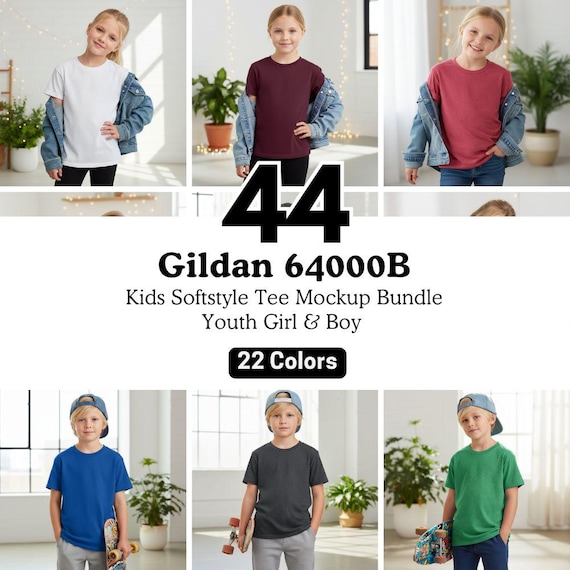 Gildan 64000B Mockup Kids T-Shirt Bundle | Youth Boy Girl Shirt Mockups PNG | Children Tee Boho Lifestyle Mock-up POD Template Download