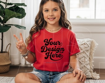 Red Bella Canvas 3001Y Mockup | Red Youth T-Shirt Mock-up | Girl Model Kids Tee Mock- | Trendy Minimalism Boho Style POD Display