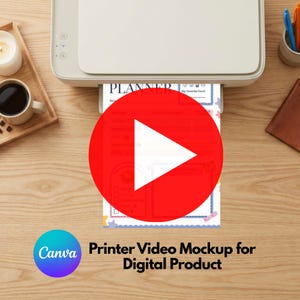 May include: A white printer printing a planner page with a red play button overlay. The planner page has a blue and yellow border. The text "PLANNER" is visible. The image also includes a coffee cup, candle, and pens.