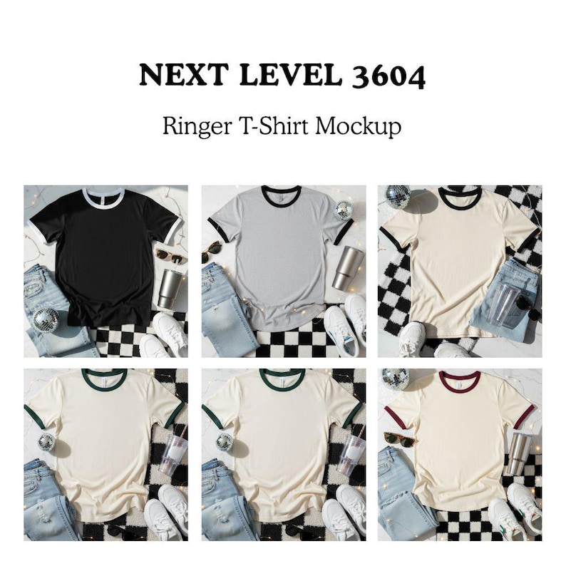 May include: A mockup of six Next Level 3604 ringer t-shirts in various colours. The shirts are black, grey, and cream, each with contrasting neck and sleeve bands. Accessories include jeans, sunglasses, trainers, and tumblers, arranged on a black and white checkered surface.