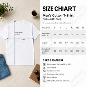 May include: A white cotton t-shirt displayed with a size chart for Gildan 64PLSMA. The chart lists body length, chest, and sleeve length measurements in inches for sizes S through 3XL. Care instructions include machine wash cold and tumble dry low.