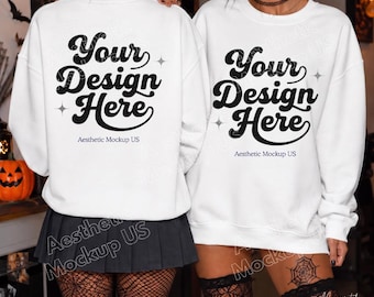 White Gildan 18000 Halloween Mockup | Front and Back View Sweatshirt PNG| POD Etsy Lifestyle Listing Photo