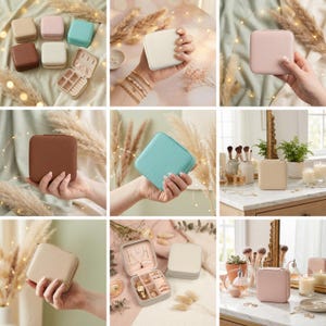 Könnte beinhalten: Eine Sammlung quadratischer Schmuckkästchen in verschiedenen Farben, darunter Beige, Rosa, Braun und Türkis. Einige Kästchen sind geöffnet und zeigen Fächer für Ringe, Halsketten und Ohrringe. Die Kästchen werden mit dekorativen Elementen präsentiert.