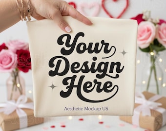 May include: A cream-coloured tote bag featuring the text "Your Design Here" in a bold, black, retro font. The words "Aesthetic Mockup US" are below the main text. The background includes roses, gifts, and heart decorations.