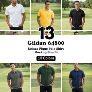 May include: A mockup bundle of unisex pique polo shirts in various colors. The image displays a white, yellow, and black polo shirt, along with other colors. The text reads "Gildan 64800 Unisex Pique Polo Shirt Mockup Bundle" and "13 Colors."