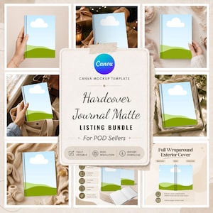 May include: A digital mockup bundle for a hardcover journal featuring a matte finish. The cover design displays a light blue sky with a white cloud above rolling green hills. The central text reads Canva Mockup Template Hardcover Journal Matte Listing Bundle For POD Sellers, with icons for fully editable, high resolution, and instant download.