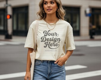 Comfort Colors 1717 Ivory T-Shirt Mockup | Female Model Lifestyle Streetwear Mockup | Oversized Fit PNG