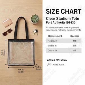 May include: Clear stadium tote bag with black handles and trim. The bag is transparent, with dimensions of 11.8 inches in height and width, and 5.8 inches in depth. The bag is designed for hand washing.