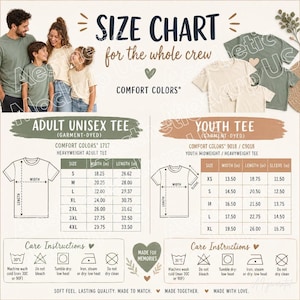 May include: A size chart for Comfort Colors t-shirts featuring a family photo, two t-shirt illustrations with measurement lines, and two tables listing sizes in inches for adult and youth garments. Includes care instruction icons and text.