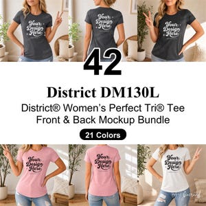 Puede incluir: Un paquete de maquetas de camisetas District DM130L Perfect Tri en varios colores, mostrando vistas frontales y traseras. Cada camiseta presenta el texto Your Design Here con pequeños detalles de estrellas. Incluye 21 opciones de color.