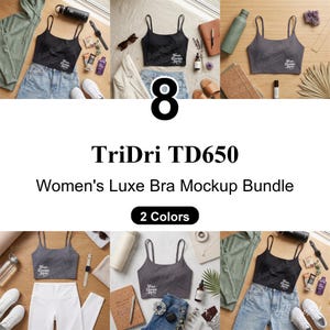 May include: A TriDri TD650 luxe bra mockup bundle featuring two colors of cropped camisole tops with thin straps. The garments are displayed in various flat lay arrangements alongside accessories like water bottles, notebooks, and denim jeans.
