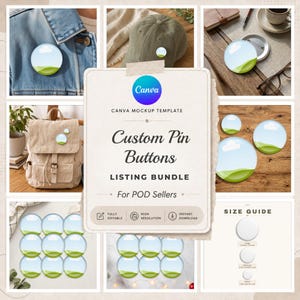 Pode incluir: Um modelo de mockup Canva para bottons personalizados com um gráfico de paisagem de céu azul com nuvens brancas sobre colinas verdes. O pacote inclui várias exibições de bottons circulares em roupas, bolsas e chapéus.
