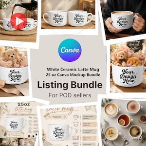 May include: A white ceramic latte mug with a 25 oz capacity, featuring the text Your Design Here. This mockup bundle includes multiple views of the mug, some filled with coffee or plush toys, showcasing its large size and durable white ceramic build.