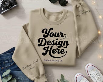 Gildan 18000 Sand Folded Sweatshirt Mockup | Folded Shirt Front & Sleeve Mock-up Flat Lay |Sand Crewneck Mockup for POD
