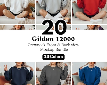 Puede incluir: Un paquete de maquetas de sudaderas de cuello redondo Gildan 12000 en varios colores, incluyendo blanco, gris, rojo, azul marino, carbón y azul. La imagen muestra 20 maquetas, con el texto "20 Gildan 12000 Crewneck Front & Back view Mockup Bundle" y "10 Colors".