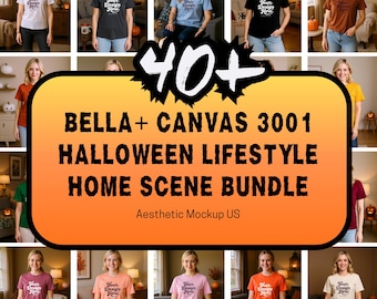 40+ Women Bella Canvas 3001 Halloween 2026 T shirt Mockup Bundle for POD | BC 3001 Relaxed Fit Mock-up Bundle with 2 Matching Size Charts