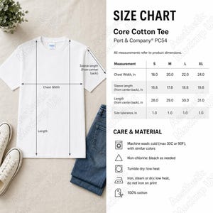 May include: A white short-sleeved cotton t-shirt alongside a size chart and care instructions. The chart provides measurements in inches for sizes S, M, L, and XL. Care symbols specify machine wash cold, non-chlorine bleach, tumble dry low, and iron.