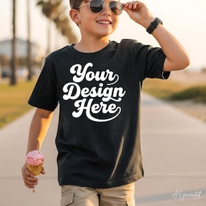 Bella Canvas 3001Y Mockup | Vintage Black Youth T-Shirt | Boy Kids Apparel Tee | Trendy Summer PNG BC3001Y Child Minimalism Trendy Mock